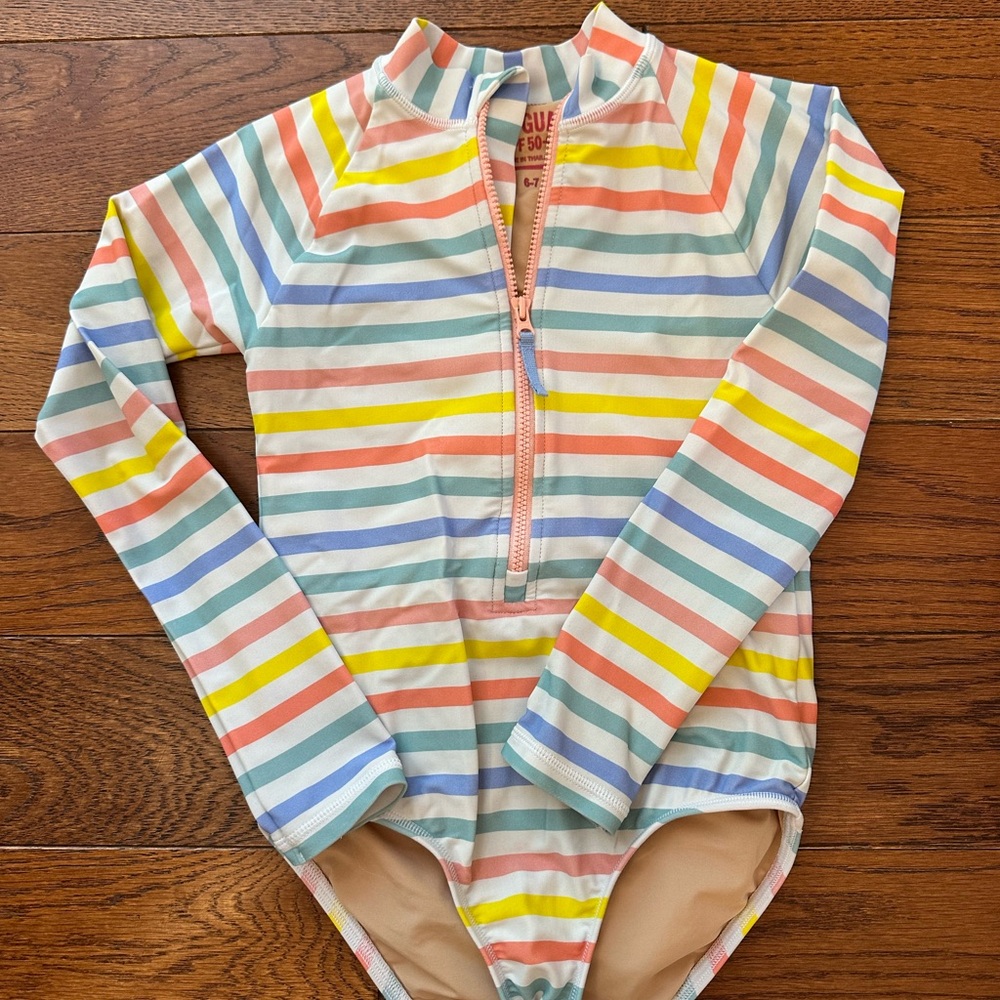 Crewcuts Girls' Striped Long-Sleeve Rash Guard Swimsuit — Multicolor